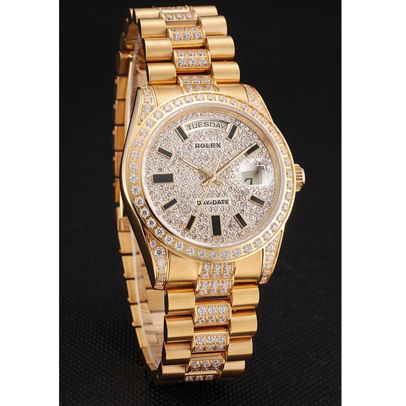 Aaa replica watch Day Yellow Diamond Swiss Gold Date Rolex Pave 0522